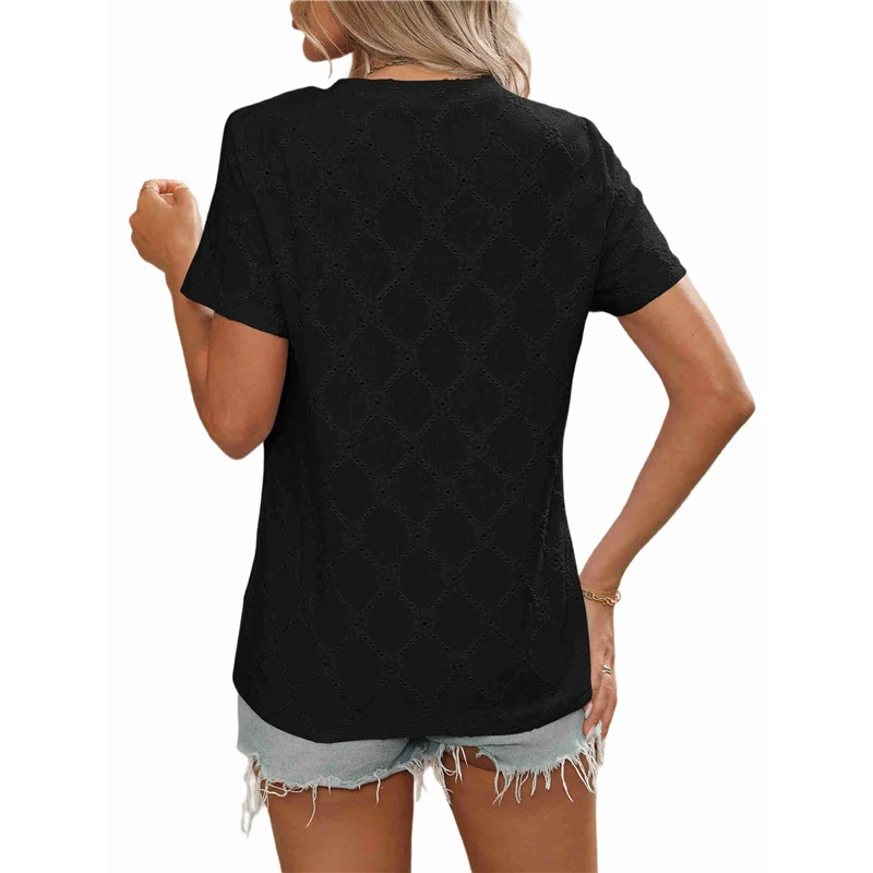 

ABRT-Women's Tops Casual Scoop Neck Short Sleeve Eyelet Embroidered Hollow Out Blouses Shirts