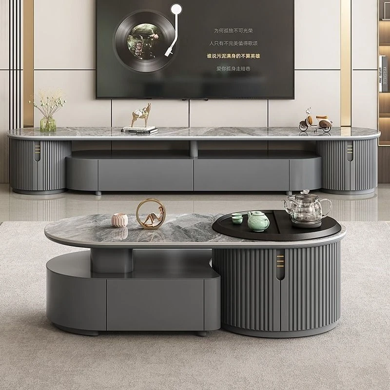 

Modern light luxury household rock slab tea table, living room boiling water, multi-functional telescopic solid wood Kung Fu