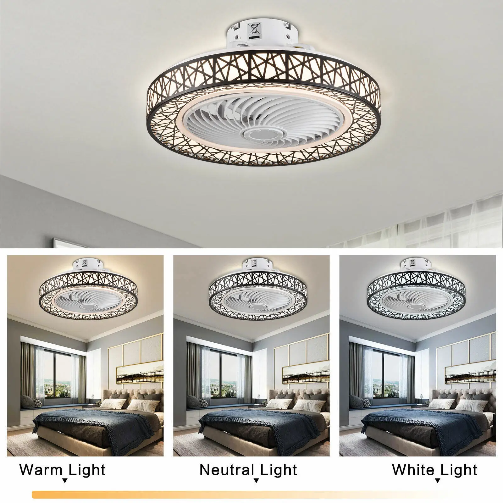 18.5 Inch Black Nest Ceiling Fan Light with Remote Control, Modern Quiet LED Fan Lamp, 3 Color Temperatures, 6 Speed Adjustable