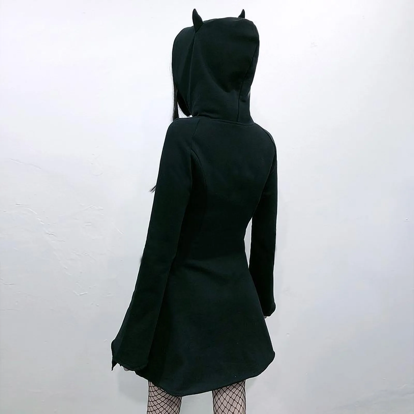 Gothic Black Slim Sweatshirt Dress Fashion Cat Ears Hooded Zip Sweatshirt Dress Women\'s Streetwear Solid Long Sleeve Hoodies