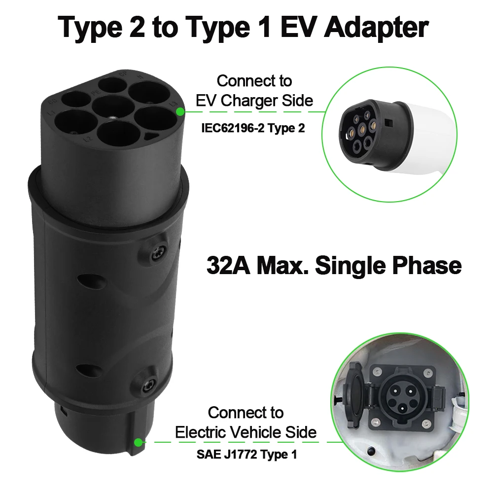 อะแดปเตอร์ teschev type 2 to type 1 32A เฟสเดียวเข้ากันได้กับที่ชาร์จ Type2สำหรับรถยนต์ไฟฟ้าที่เต้ารับสำหรับชาร์จ Type1