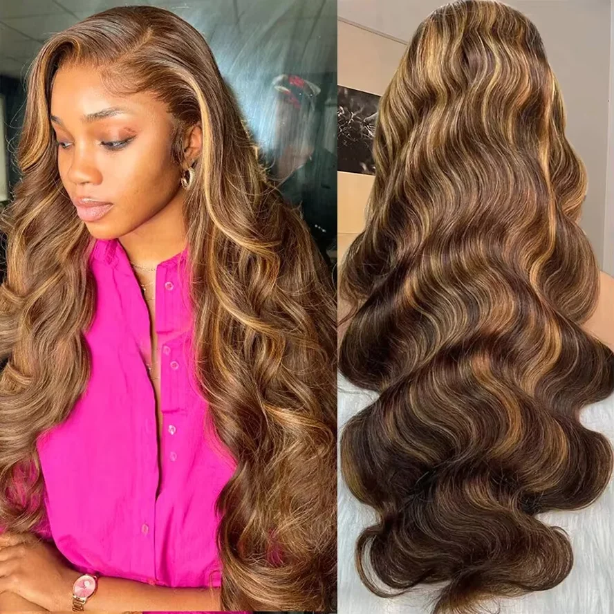 

Парик из натуральных волос P4/27 Ombre Brown с цветными прядями, плотность 220, волнистая прическа, 13x6 Max-lace Front, 13x4 HD Lace Frontal для женщин