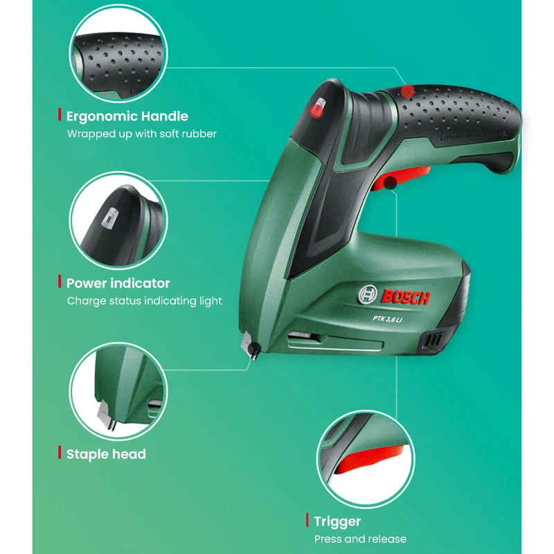 Bosch PTK Stapler profesional 3.6V, dapat diisi ulang tanpa kabel jepret kuku penyimpanan Strip tampilan jendela LED lampu indikator