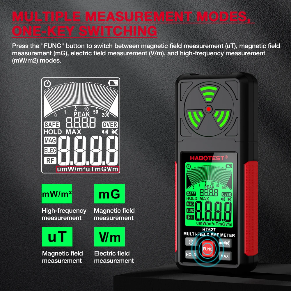 HABOTEST HT627 Electromagnetic Radiation Tester Electric Field Magnetic Field RF Radiation EMF Meter Radio Frequency Detector