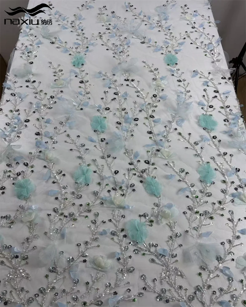 

Madison Latest 3D Flowers Tulle Lace Fabrics African Groom Lace Fabric French 5 Yards Nigerian Sequins Fabric for Party Dress