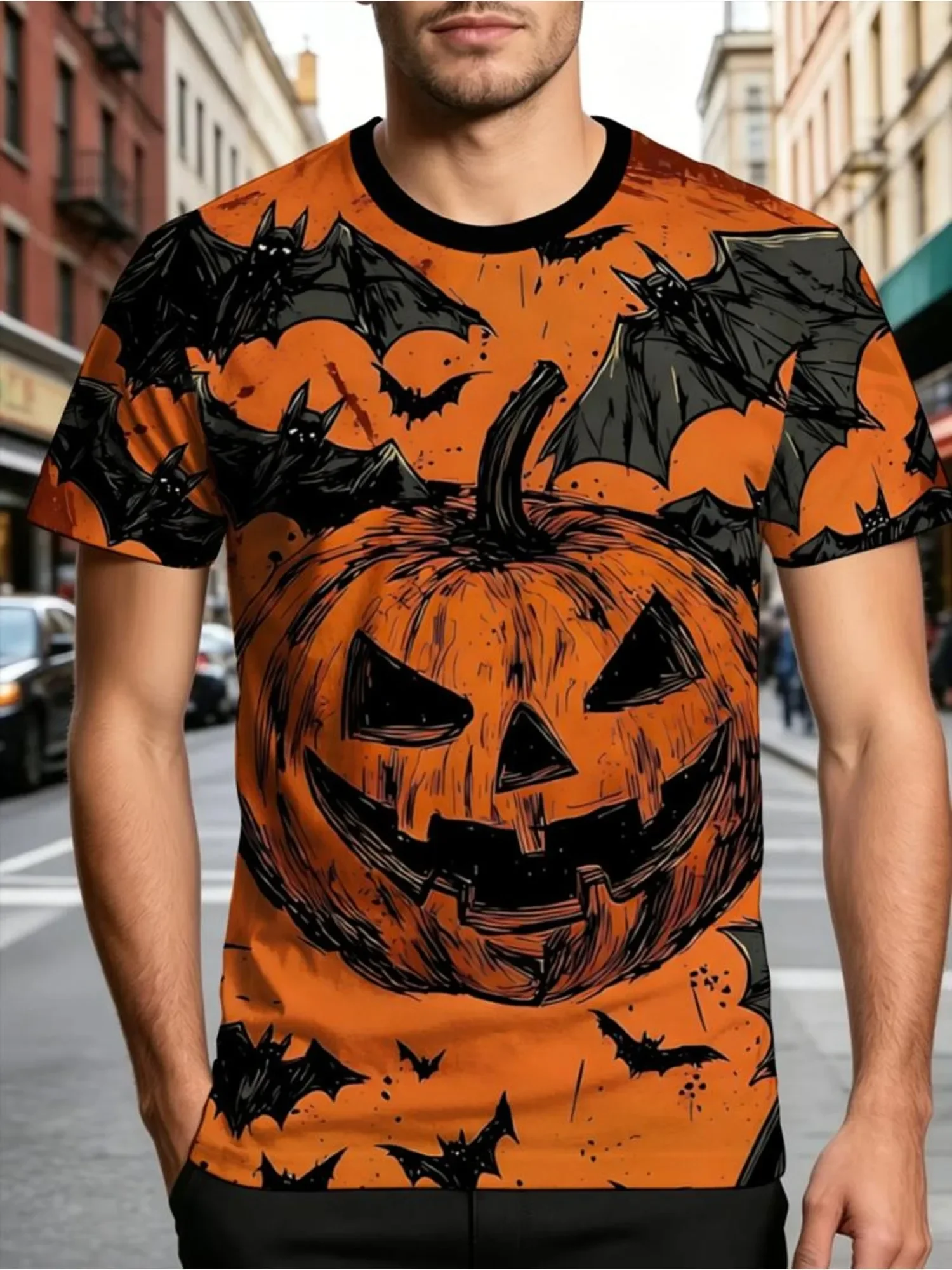 2026 New Men's Halloween T‑Shirt Scary Lantern Pumpkin Bat All Over Print Short Sleeve Crew Neck Casual Tee for Holiday Party