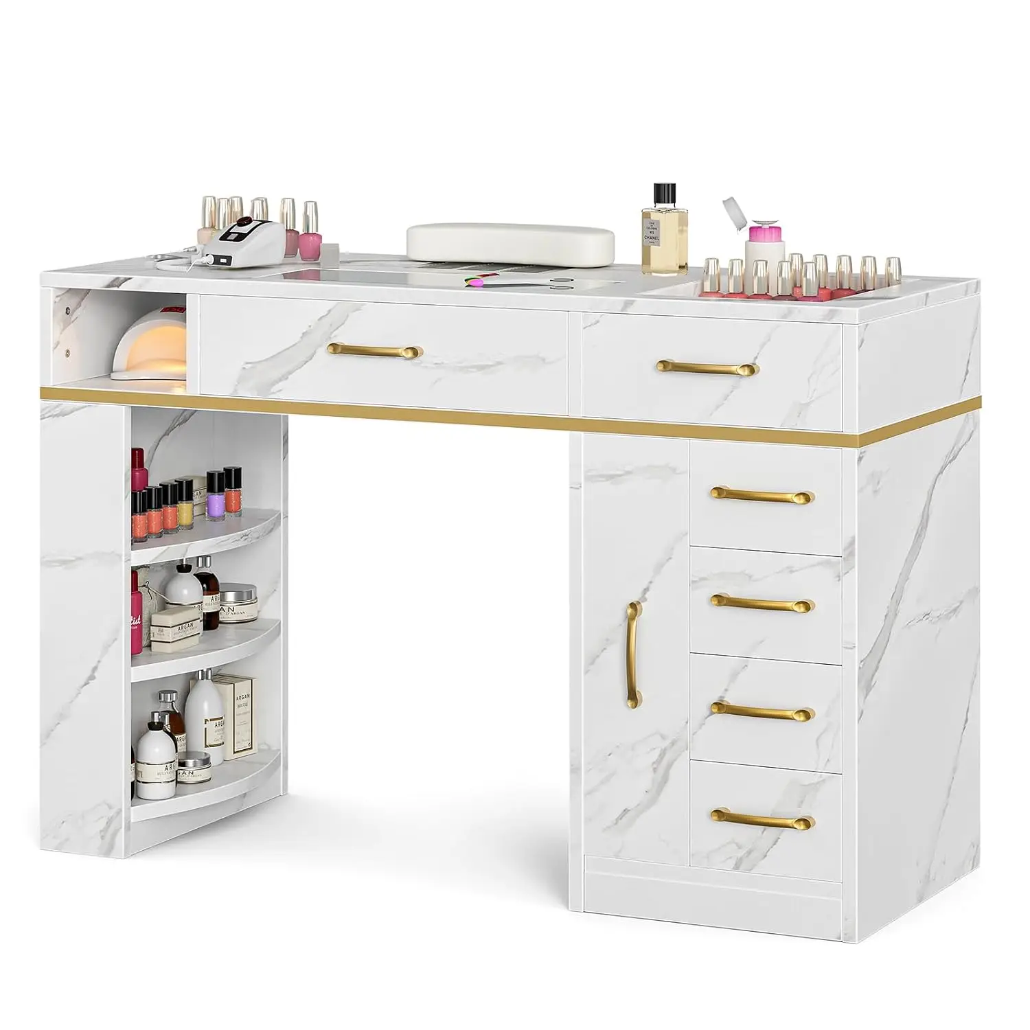 Manicure Table Nail Station for Nail Tech, Glass Top Nail Table w/Electric Dust Collector, 7 Drawers & 3-Tier, Customized