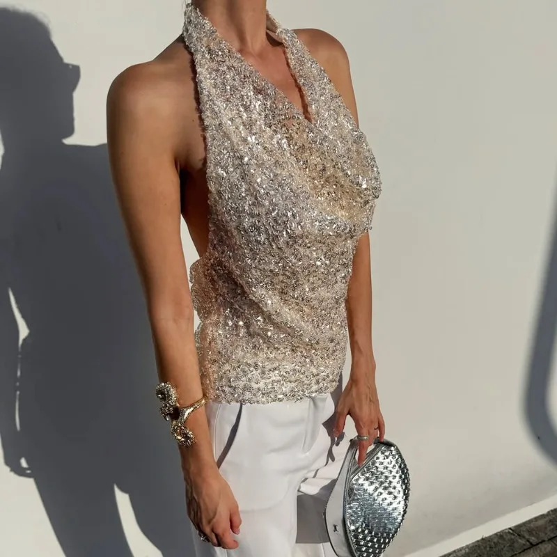 

Tornova Fashion Glitter Sequins Camisole Hot Girl Sexy Sleeveless Backless Halter Neck Tank Top Luxury Party Looks Y2k Women Top