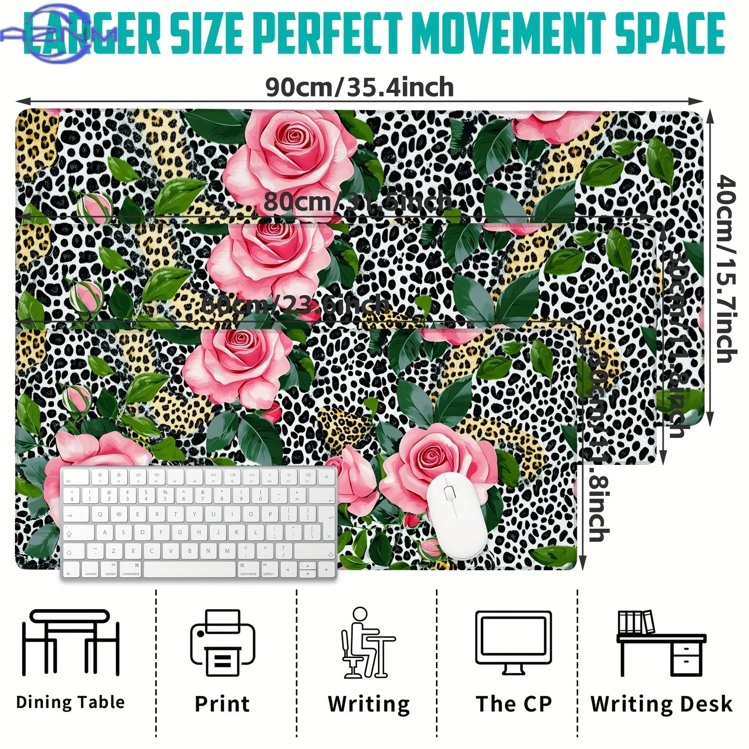 Large Gaming Mouse Pad,Pink Roses and Leopard Print Desk Pad Desk Mat,Office Keyboard Pad Non-Slip Computer Mouse Pad for Work,G