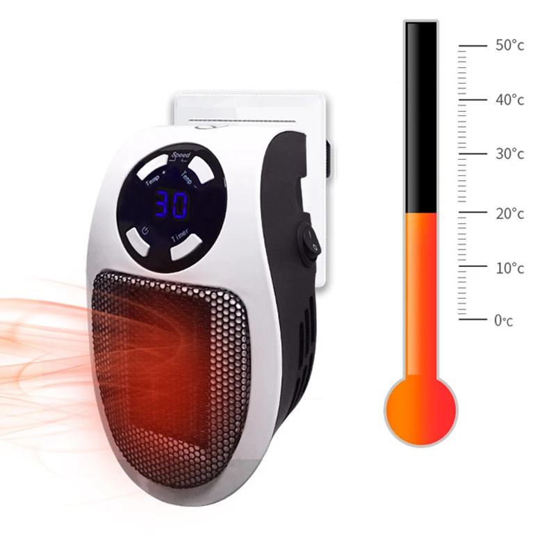 500W ventilatorkachel Mini elektrische ruimteverwarmer Draagbare stopcontactverwarmer met LED-display Verstelbare thermostaat en timer dempen