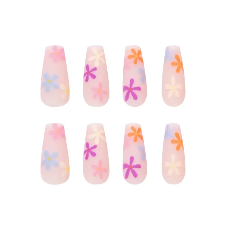 Faux ongles longs cercueil ballerine française rose, couverture complète, design petite fleur, presse sur les pointes des ongles, poignées amovibles, N64