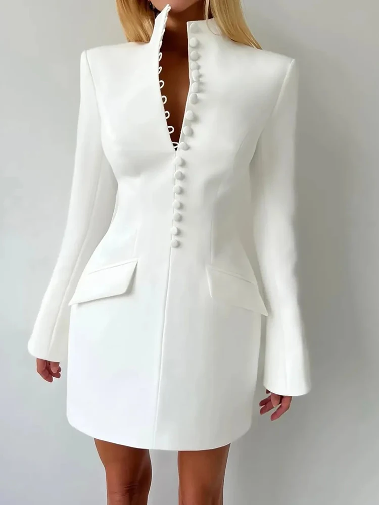 Oniflyme 秋冬新長袖スタンドカラー女性ブレザードレスシングルブレストミニドレスエレガントなオフィス女性服