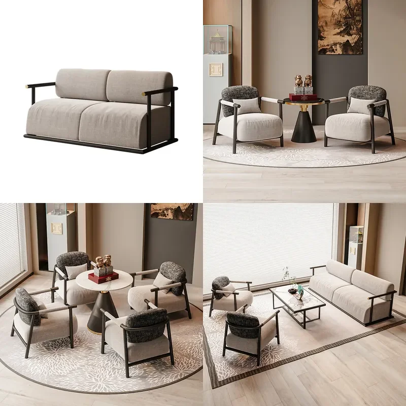 New Chinese Style Reception Set 1 Table 4 Chairs Sofa Combo for Office Hotel Clubhouse Tea House Negotiation Area