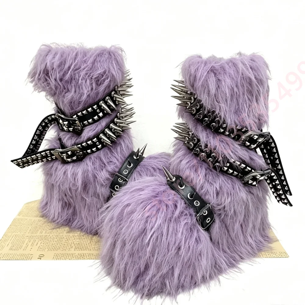 2026 Winter New Gothic Y2K Fluffy Furry Boots Punk Metal Spike Rivet Multi Strap Platform Chunky Heel Ankle Boots Party Shoes