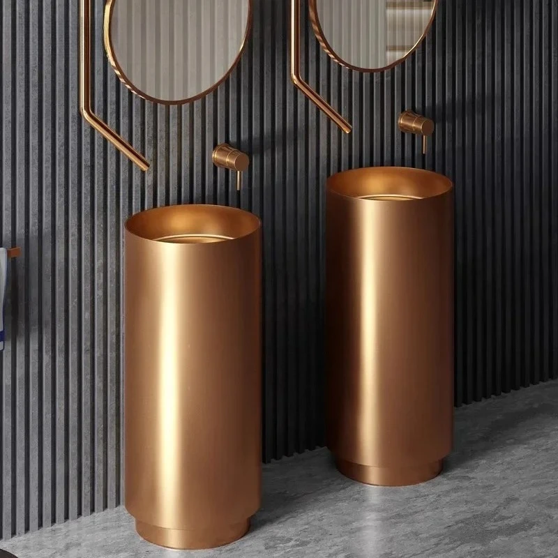 304 Stainless Steel Round Column Basin Integrated Floor-standing Outdoor Garden Wash Basin Luxury Bar Hotel Bathroom Sink