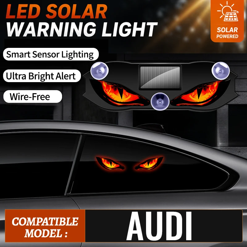 Fit For Audi Car Mounted LED Devil Eye Blinking Light Vibration Sensor Wireless Dynamic Anti Rear End Collision Solar Warning