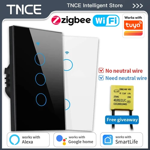 Imagen 1 del producto TNCE Tuya US Switch WIFI o Zigbee necesita/sin necesidad de cable neutro requiere 1/2/3/4 Gang controlador táctil inteligente voz con Alexa Google Home