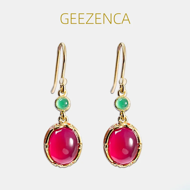 S925 Silver Oval Red Corundum Drop Earrings For Women Fine Jewelry Water-drop Gemstone Trendy Earring New Year Christmas Gift