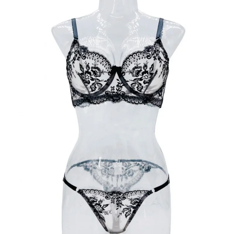 Damen modische sexy Blumen stickerei transparent sexy Bikini Mesh sexy bequeme einfache und elegante Unterwäsche Set