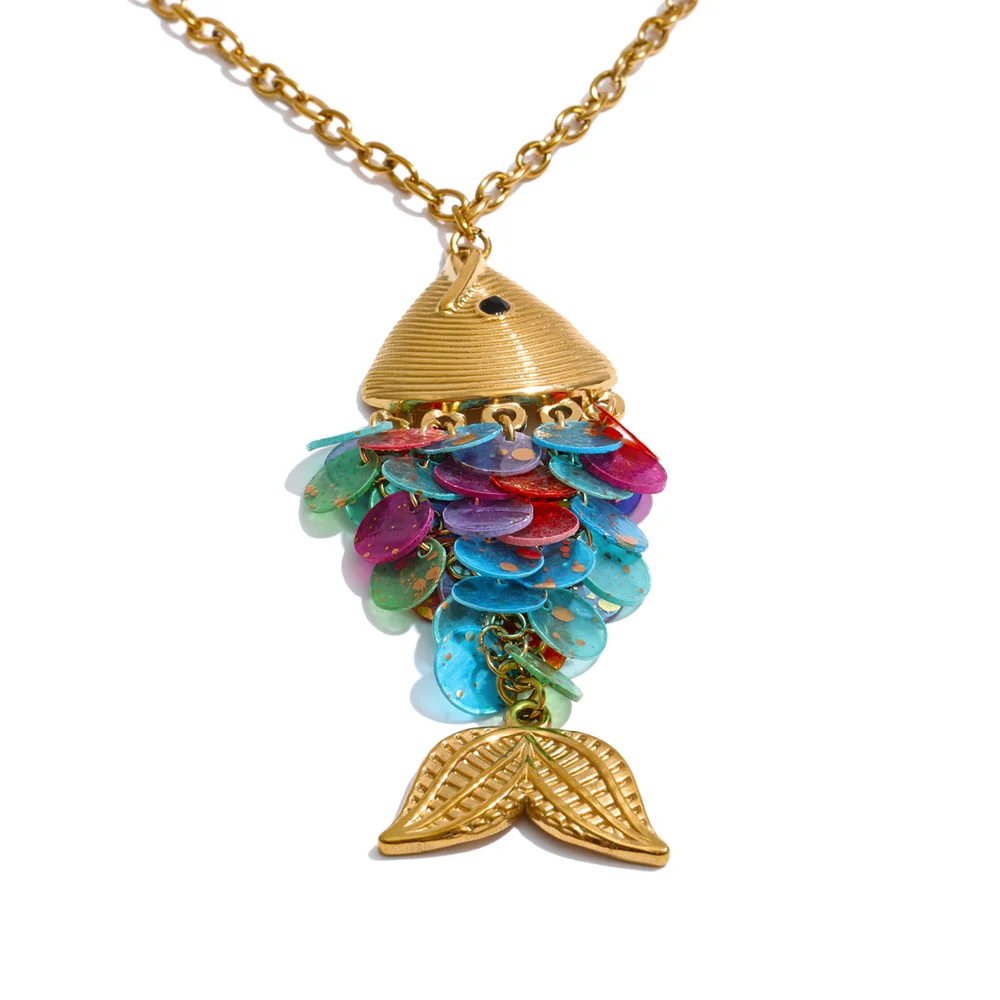 Yhpup Ocean Style Colorful Shell Fish Drop Necklace Earrings Set Stainless Steel Exclusive Handmade Gold Color Jewelry image 3