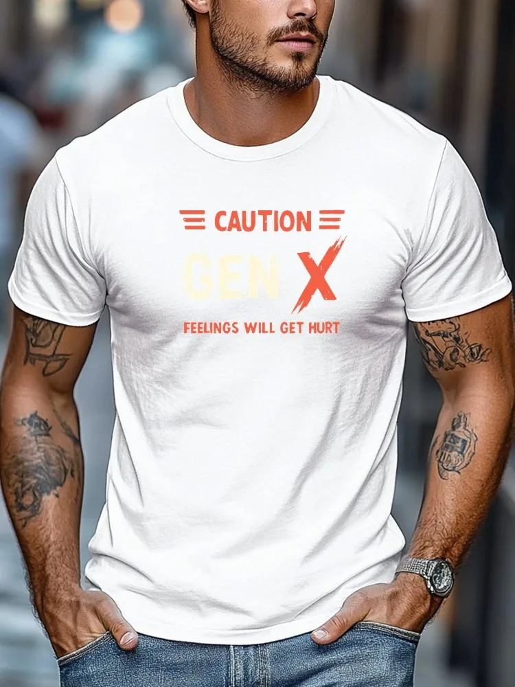 Men Navy Crew Neck Tee Caution Gen X Feelings Will Get Hurt Distressed Retro Red White Text Warning Slogan Graphic Soft Short