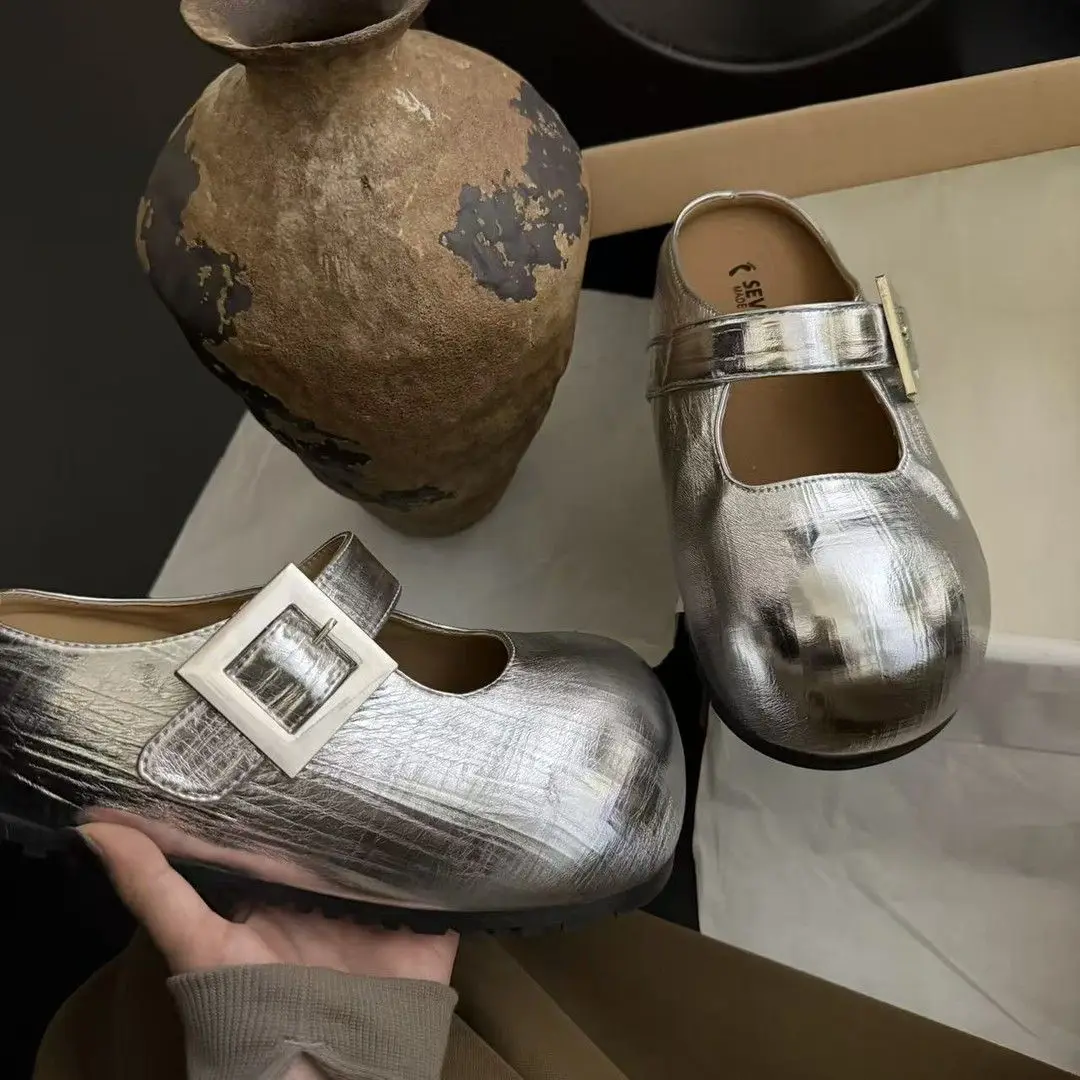 

Retro Silver Summer Woman Slippers Design Shallow Mouth Metal Buckle Mary Jane Shoes Outdoor Fashion Soft Casual Platform Shoes