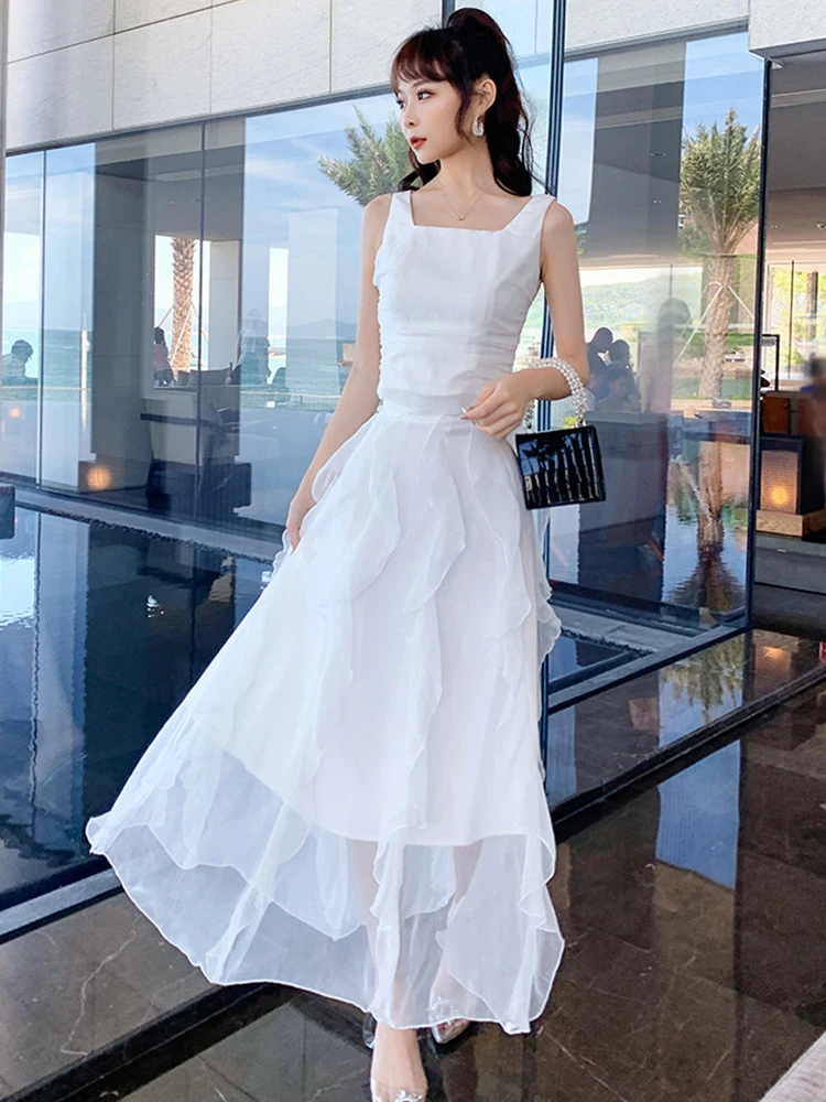 Summer Women's Set White Satin Tank Sleeveless Slim T-shirt Chiffon Ruffles Long Skirt Holiday Beach Seaside  Lady 2 Piece Set