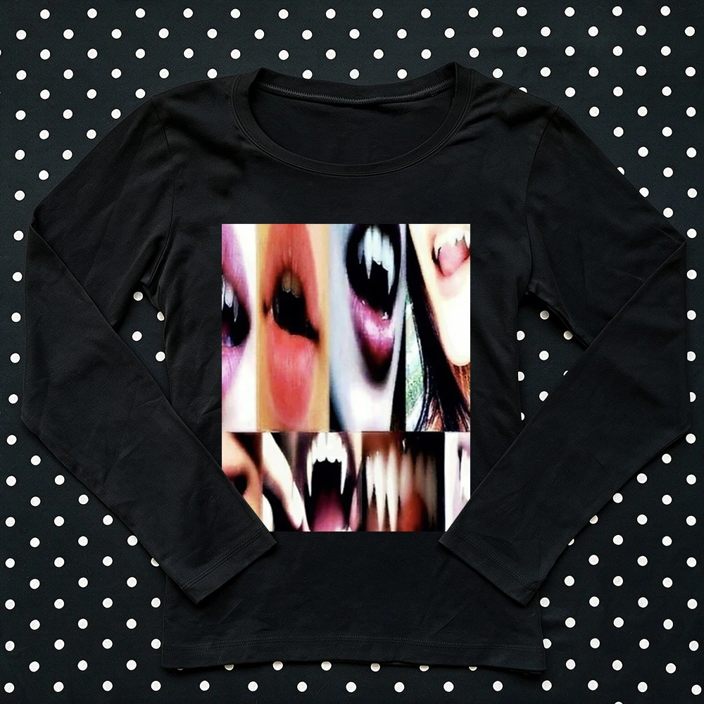 Vintage Y2K Women Long Sleeve Tee Gothic Vampire Collage Graphic Grunge Slim Crew Neck Shirt