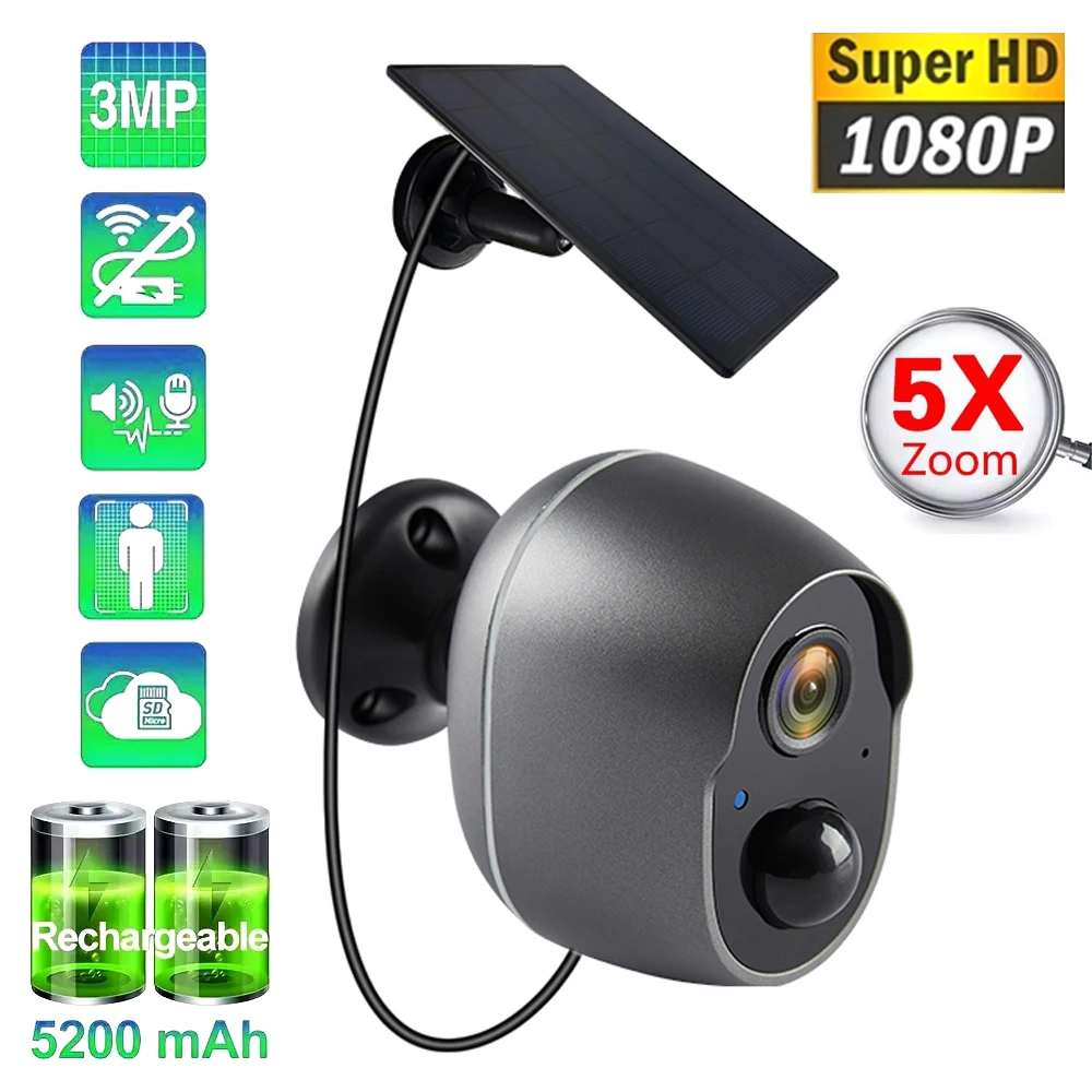 3MP Battery Solar WiFi Security Camera  Infrared CCTV Protection IP66 Outdoor Siren Surveillance Camera Rechargeable 5200mAh