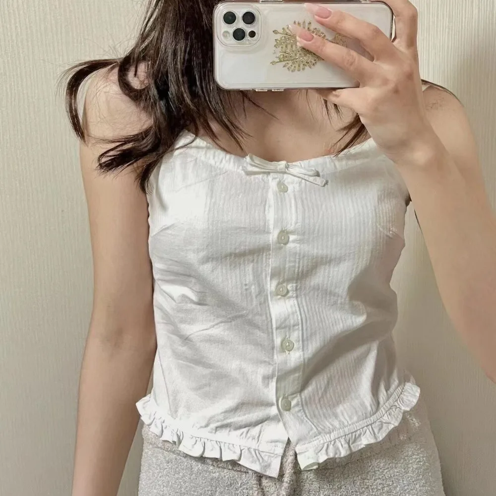 

Cute Lace Up Y2k Slim Crop Top Bow Sweet Women's Button Vest Top Ruffle Korean Style Sleeveless Camisole Summer