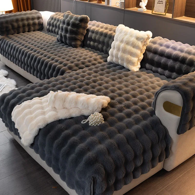 Rabbit plush sofa cushions Autumn and winter thickened leather sofa non-slip cushions Winter puffer fleece sofa towels