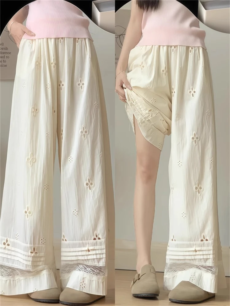 

Брюки-палаццо цвета хаки с кружевными вставками, женские, больших размеров, осенняя новинка, с высокой талией, свободного кроя, повседневные, для работы и отдыха