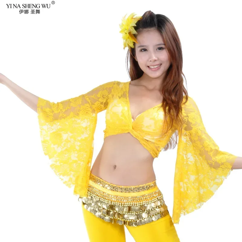 Blusa de renda para dança do ventre, manga borboleta, prática de dança, xale, renda com cadarço para mulheres adultas, manga trompete, blusa de dança quadrada