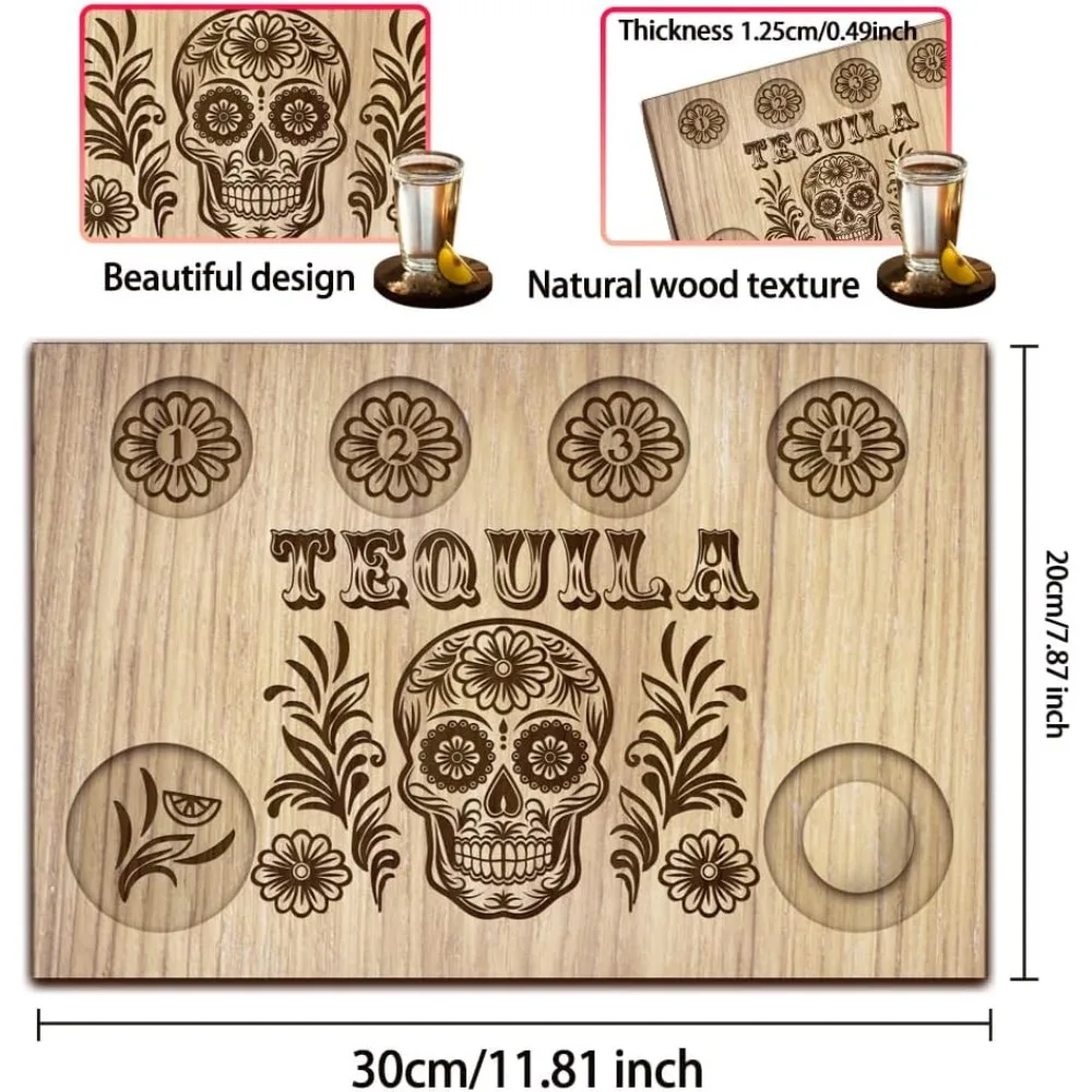 Sugar Skull Tequila Shot Glasses Serving Tray Wooden Glass Holder with Salt Rim Shot Glasses Board for Bar Restaurant Party