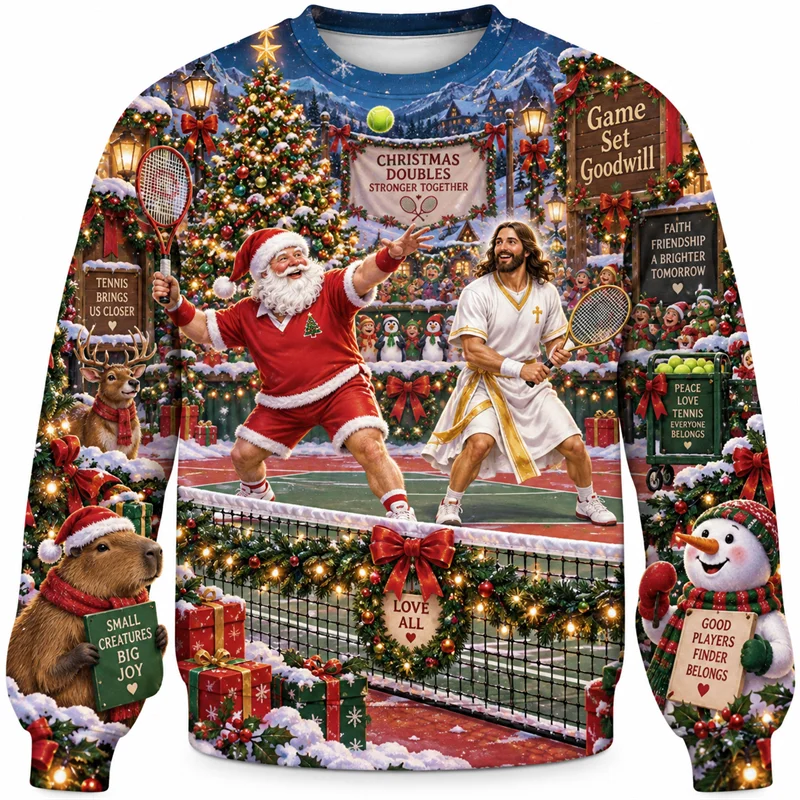 Christmas Tennis Sweatshirt Santa Jesus Dog Reindeer Gingerbread Snowman Crewneck Xmas Pullover Holiday Sports Party Gift Top