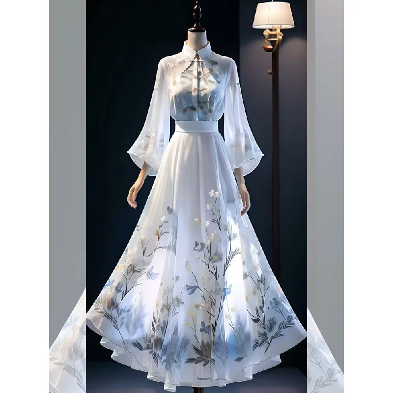 

New Chinese Sle Rvated Floral ter Ne Dr Women's Spring 2025 Design Sense Hanfu irt Floral Skirt Two-Piece...