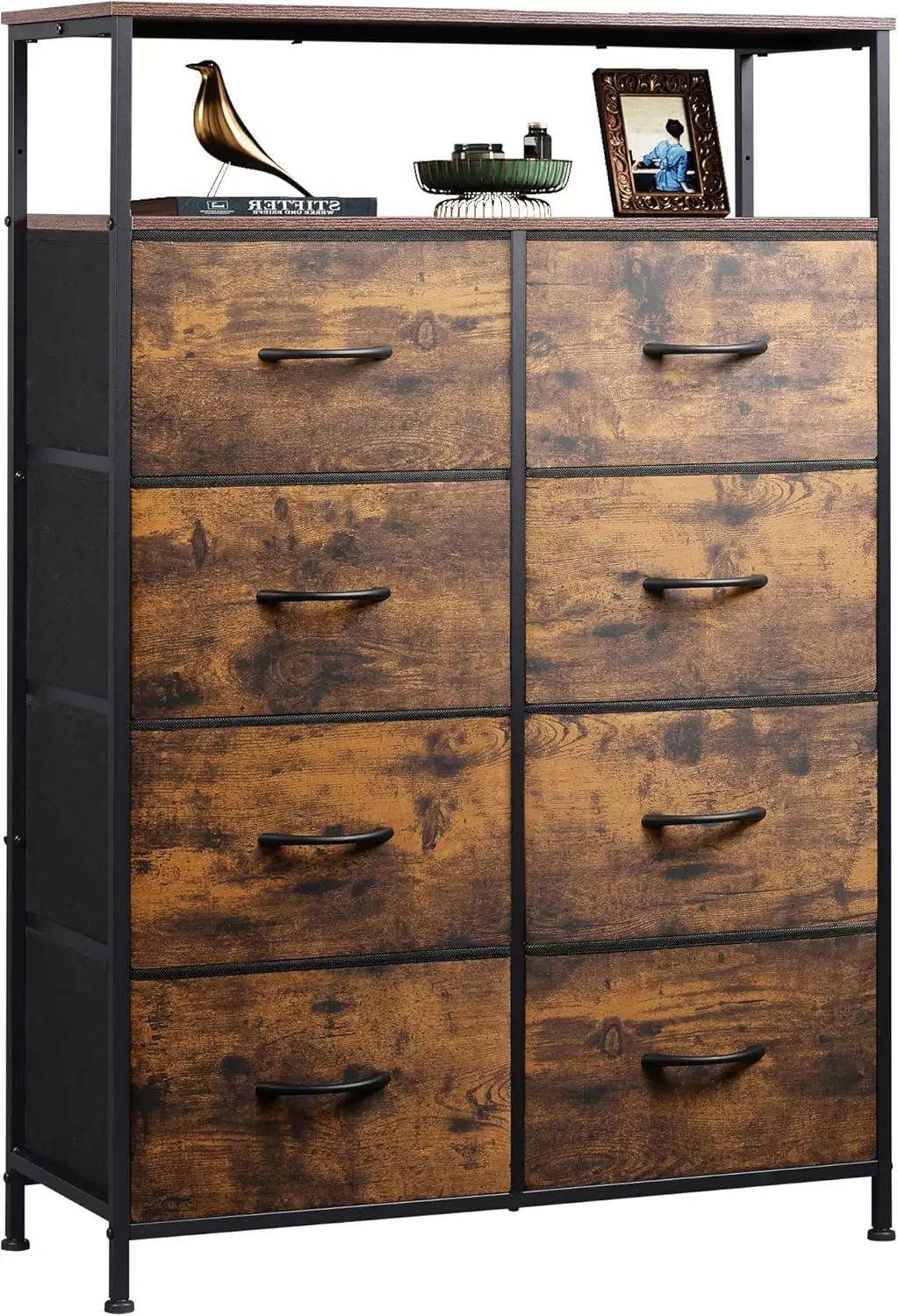 

Fabric Dresser for Bedroom with Open Shelves Tall Dresser with 8 Drawers Storage Tower with Fabric Bins Chest of Drawers for Clo