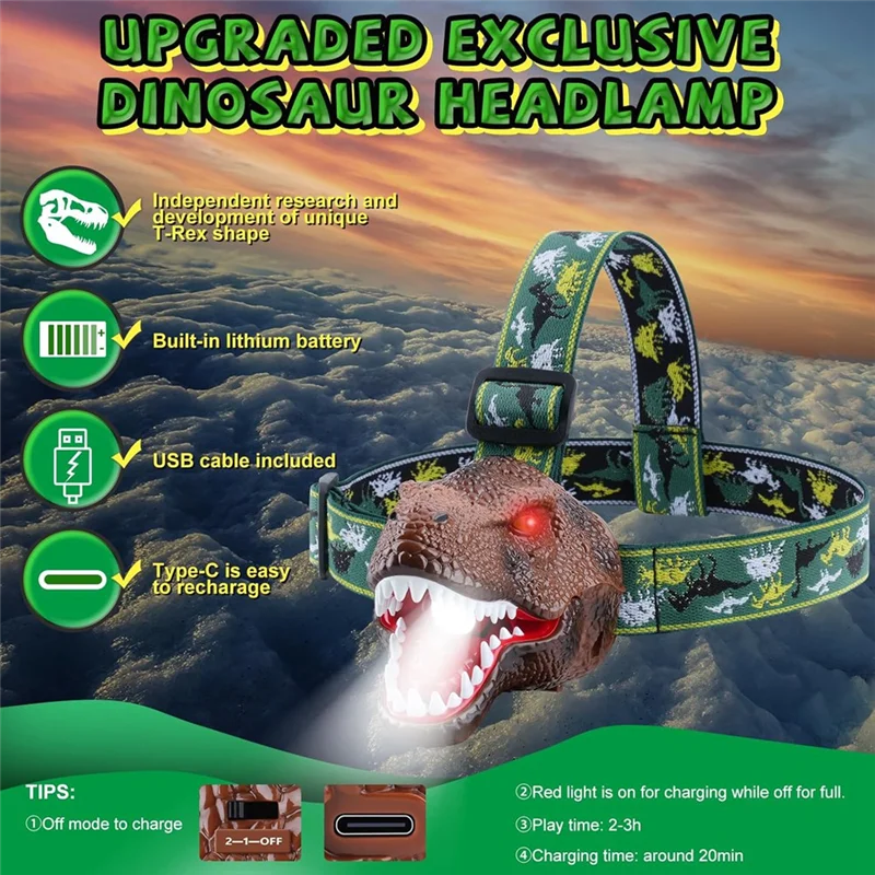 Ablu-dinossauro farol crianças lanterna recarregável led farol rugido e modo silencioso, brinquedo t-rex, equipamento de acampamento