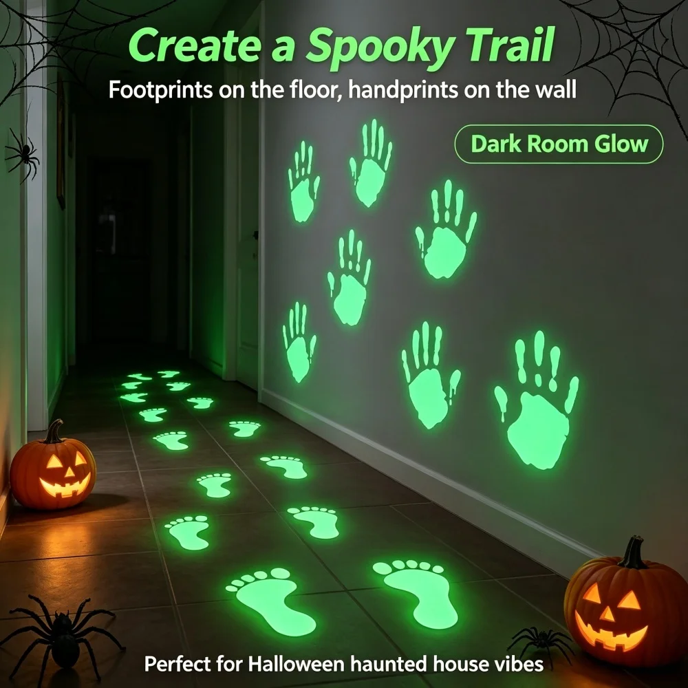 1/4sheet Green Luminous Wall Stickers Glow-In-Dark Foot&Hand Print Wall Decals for Haunt-House Bedroom Living Room Horror Decor