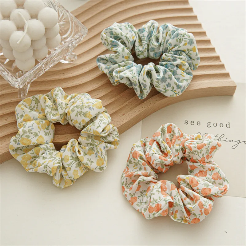 Korean Fashion Spring Print Floral Hair Ribbons Scrunchies Flower Elastic Hair Bands Hair Rope Women Girls Hair Accessories