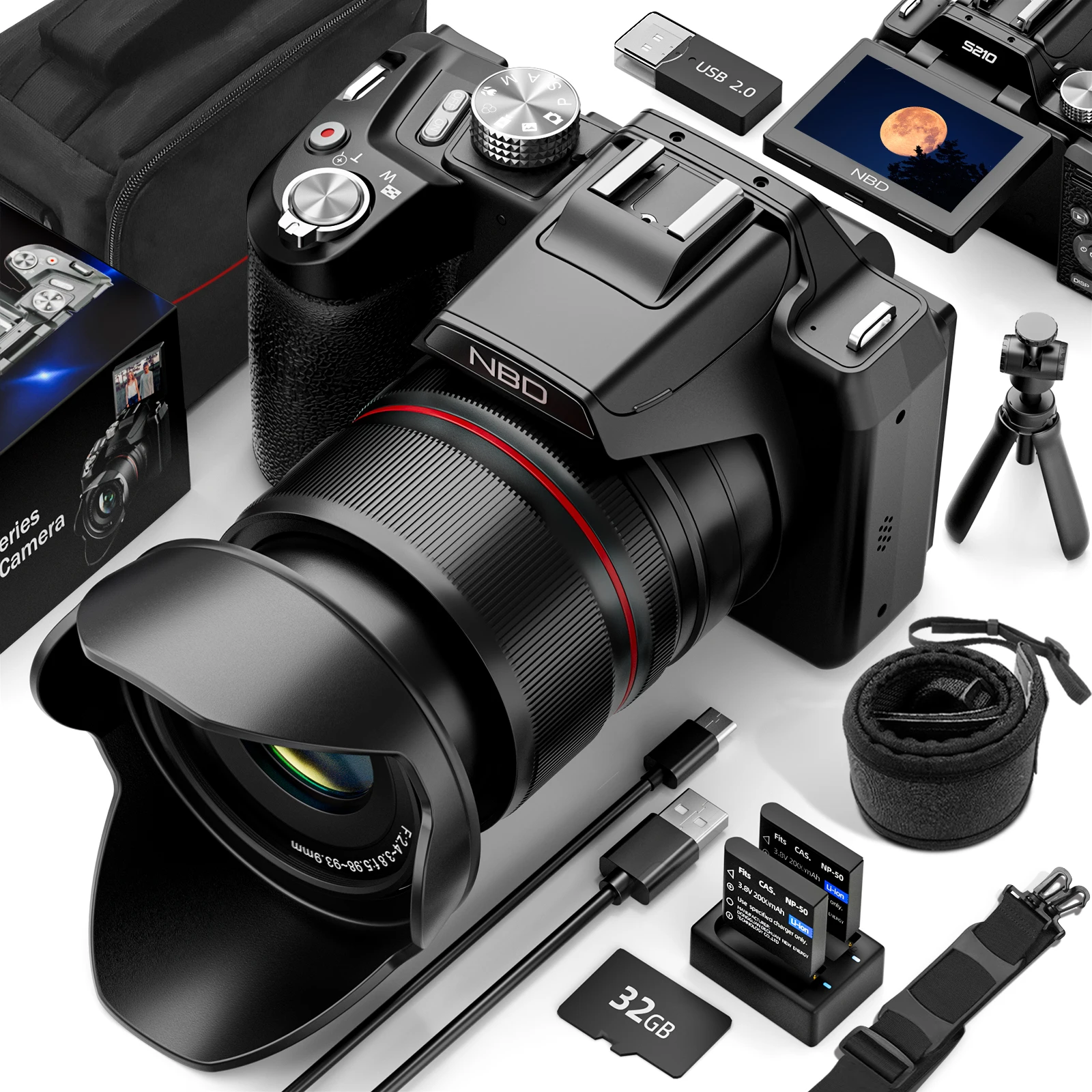 NBD 5K&64MP Digitalkameras S210F für Fotografie 16-fach Optischer Zoom Kamera mit WLAN & App-Steuerung Vlogging-Kamera mit 3-Zoll-Bildschirm Geschenk für Mädchen und Jungen