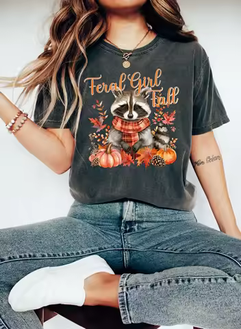 Feral Girl Fall T Shirt Halloween Raccoon Funny Meme Autumn Vibes