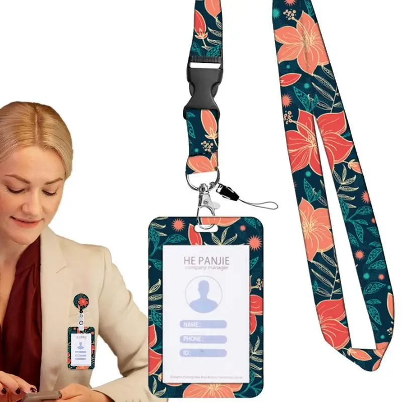 Identity Badge Holder Floral Print Work Name Card Holder With Telescopic Reel Belt Clip Multipurpose Badge Protector With