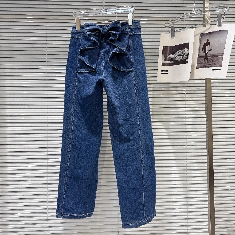 

Осень 2023, новые прямые джинсы в американском стиле для девочек с высокой талией и трехмерным большим бантом для женщин, синие джинсовые брюки