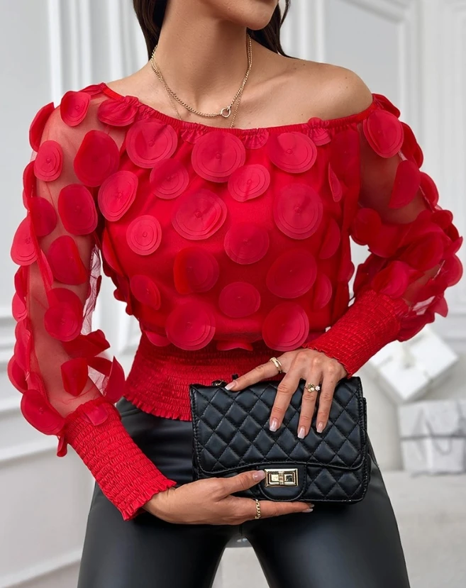 Elegante Stijl 2024 Lente Damesblouses Bubbelmouw Bloemenpatroon Hemd Doorschijnend Mesh Top Bloemtemperament Woon-Werkshirt