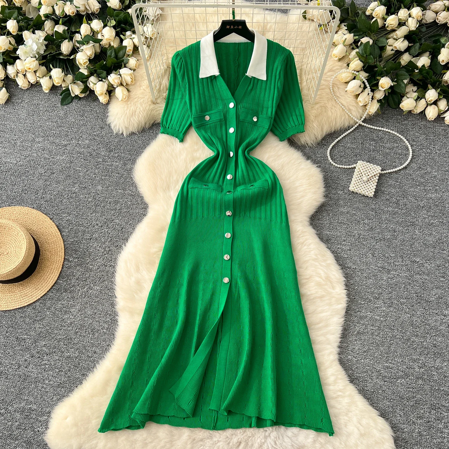 Elegant Turn-down Collar Vintage Long Sleeves Chic Patchwork Single Breasted Slim Knit Dress French Evening High Street Clothing