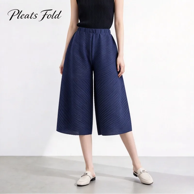 Miyake Pleated 2026 New Spring Summer High Waist Casual Wide Leg Pants Draped Elastic Waist Wide Leg Capri Pants Flared Pants