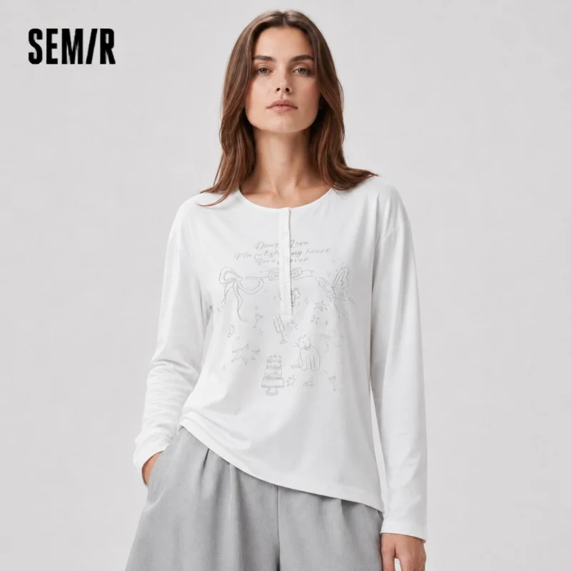 Semir Women Tshirt Print Oversized Mid Long Sleeve Top 2026 Summer Loose Casual