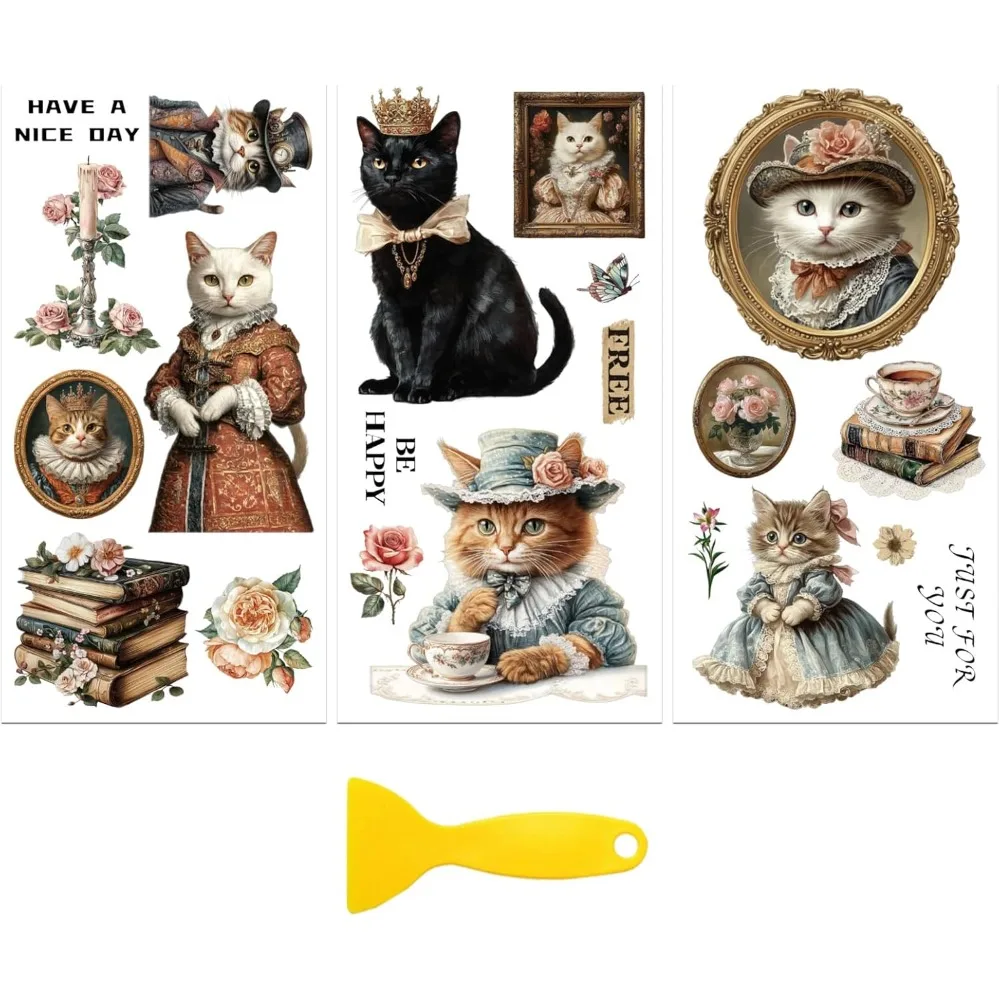

Наклейка-переводка для мебели, декор для рукоделия, 6 "x 12", винтажная наклейка-кошка для девочек, 3 шт., водонепроницаемая УФ-переносная наклейка DTF для платья с выдвижным ящиком