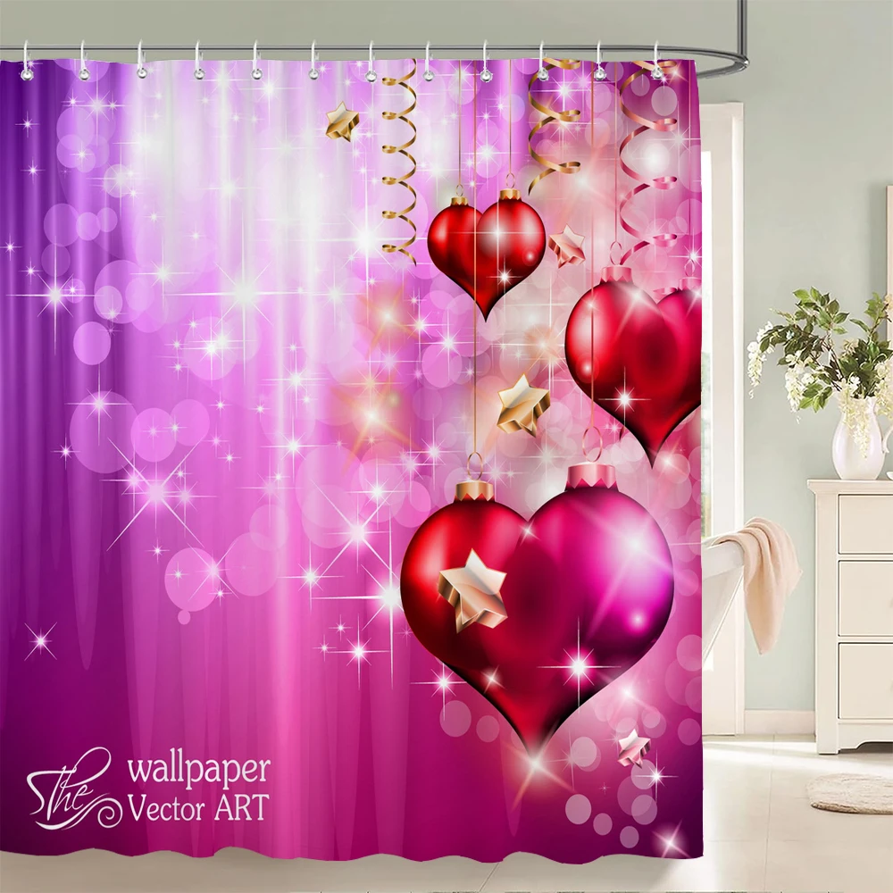 

1 Pc Pink,Romantic Love Pattern Shower Curtain Printing Fabric Valentine's day love Home Decoration Bathroom Curtain With Hooks